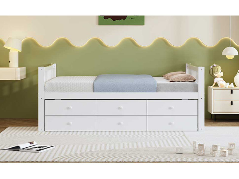 Lit de jour double avec lit gigogne simple et tiroirs, blanc, Blanc