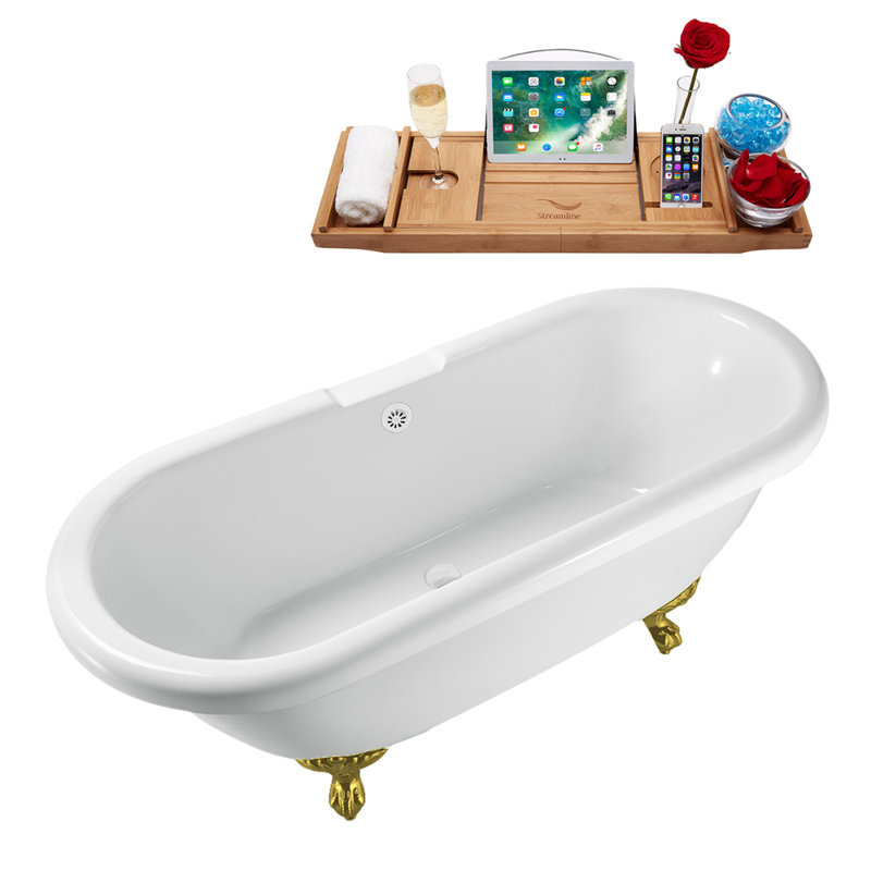 67" Streamline Clawfoot Soaking Acrylic Bathtub With Drain, Clawfeet, and Bamboo Tray, Glossy White, Brushed Gold