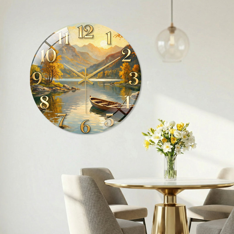 «Mountain Lake», horloge murale en verre, 40 x 40 cm (15,7 x 15,7 pouces)