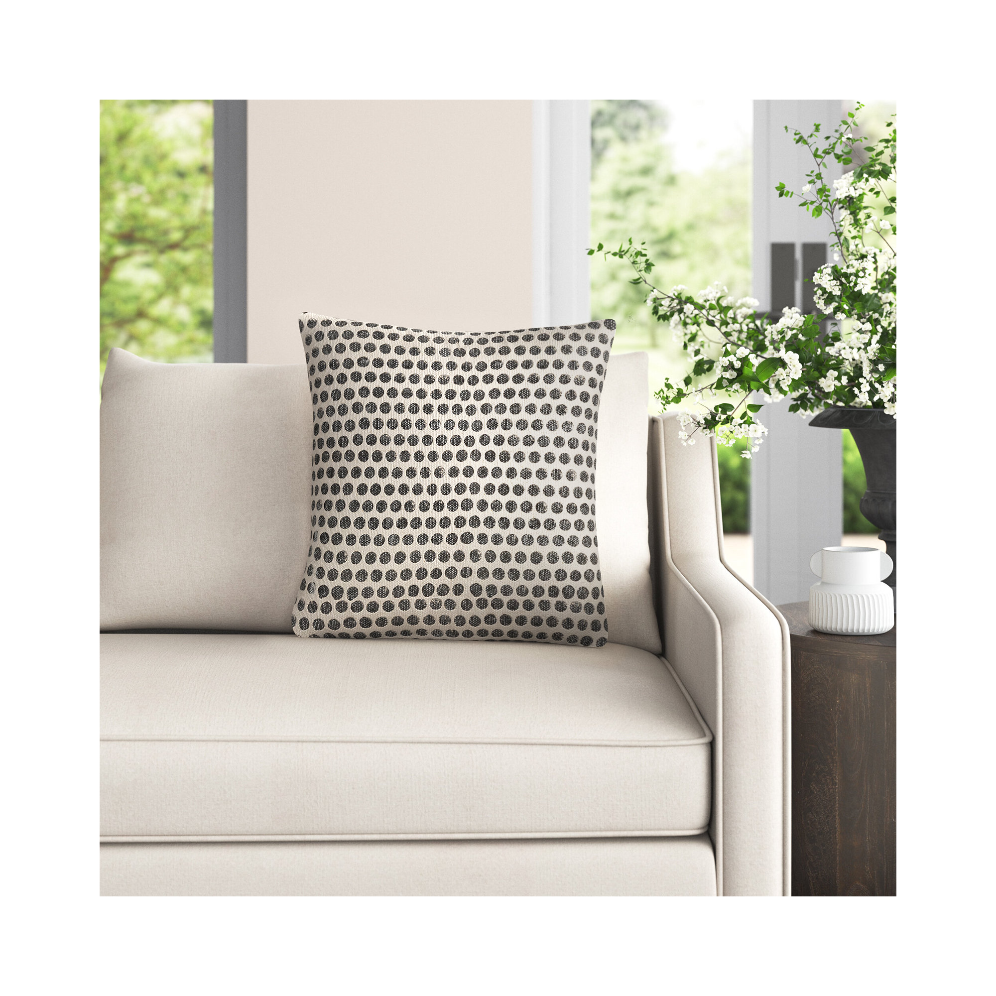 Zetta Polka Dots Cotton Throw Pillow, Pillow Cover Only - No Insert, Light Beige/Black, 20" x 20"