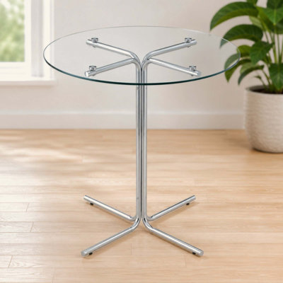 Table haute de bar ronde en verre, table de bar ronde de 36 pouces, plateau en verre trempé, support robuste à quatre colonnes chromées, convient aux tables de bar rondes transparentes dans les petits espaces.