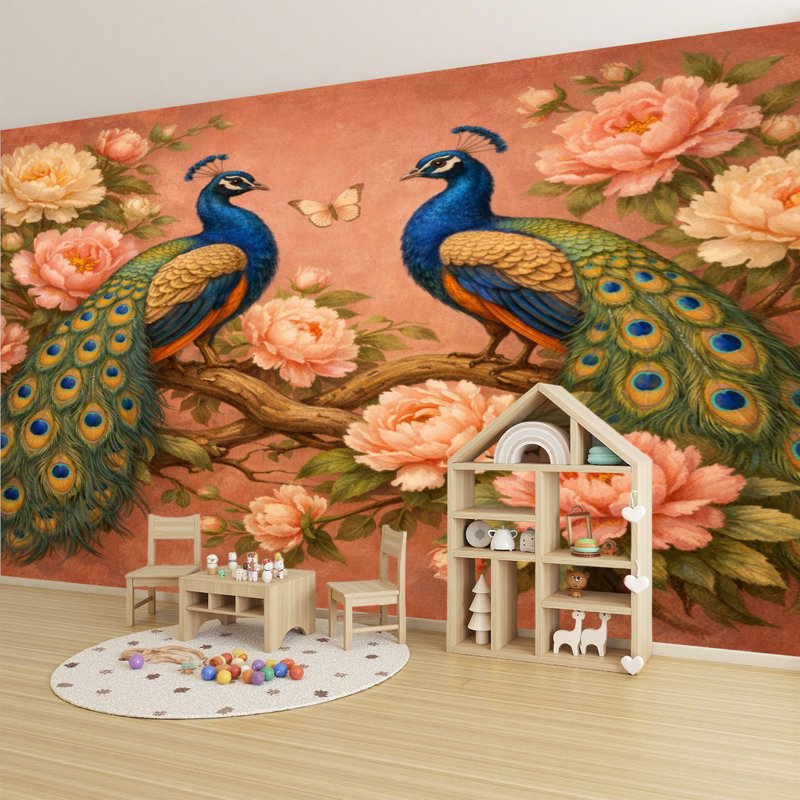 Papier peint auto-adhésif Peacock Floral Garden, L 96 po x l 69 po