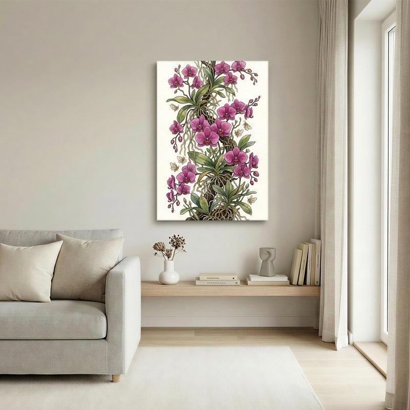 Orchidées roses et papillon sur toile de branche d'arbre, 40"H x 28"W