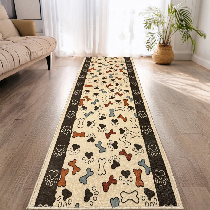 Custom Size Anti-Slip Pet Paw and Bone Printed Design Rug by Feet, Runner 2'2" x 13'