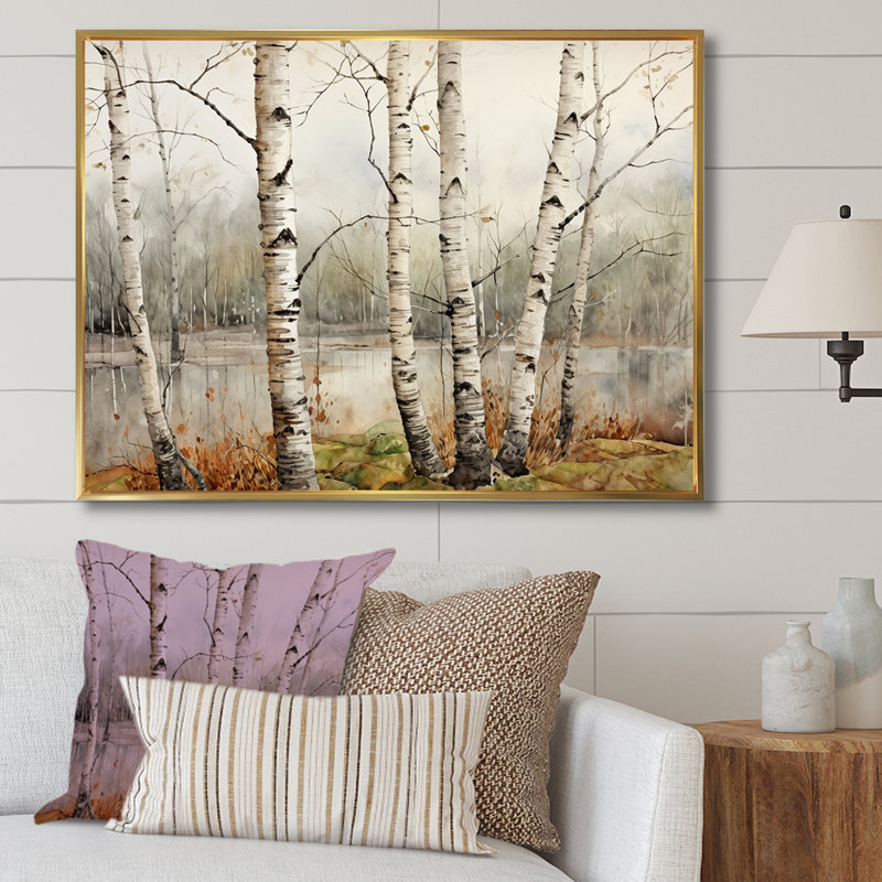 " Beige Silver Birch Beauty ", Gold Floater Frame, 16" H x 32" W x 1" D