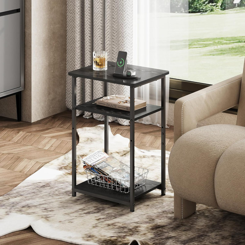 Small End Table Set Of 2, Narrow Side Table With 3-Tier Shelves, Black