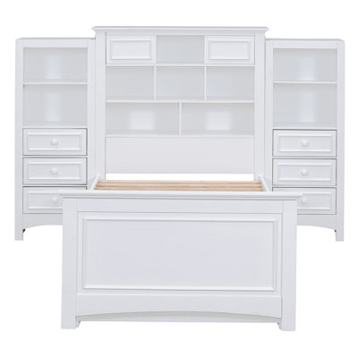 Lit plateforme simple en bois avec armoire verticale tout-en-un et 4 tiroirs de chaque côté