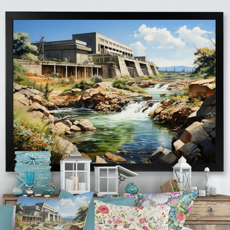 Dam Industrial Beauty Urban - Dams Wall Art Living Room, H 34 po x l 44 po x P 1,5 po, Cadre simple noir