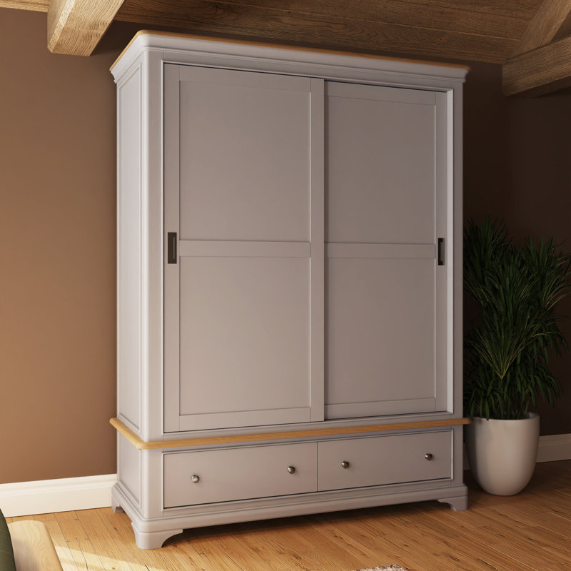 Joulon 2 Door Combination Sliding Wardrobe. Solid Wood. Oak Top. 1 Drawer OR 2 Drawer., Dove Grey/Oak