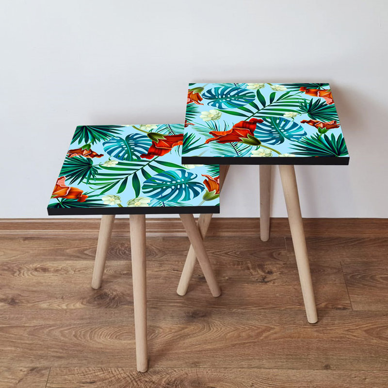 Ensemble de tables gigognes Modern (2 pièces), pieds en bois de hêtre, 13,8 x 18,5 x 13,8 pouces et 13,8 x 16,5 x 13,8 pouces | 100% panneau de fibres à densité moyenne avec une épaisseur de 0,7 pouce | Conception florale élégante pour le salon et la maison, solution peu encombrante