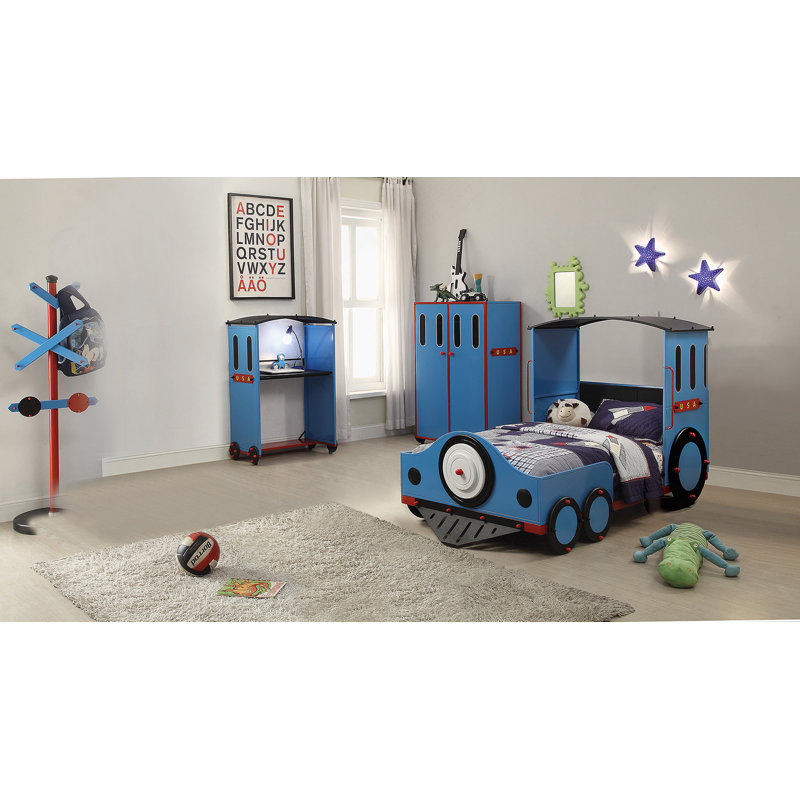 Twin Bed With Train Design Padded Headboard, Slat System, Metal Construction, And High Weight Capacity For Comfortable Sleeping