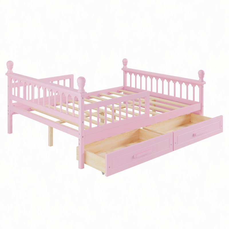 Cadre de lit avec 2 tiroirs de rangement intégrés, lit plateforme en bois avec barrières de sécurité, design bas, sommier à lattes robuste, aucun sommier tapissier nécessaire