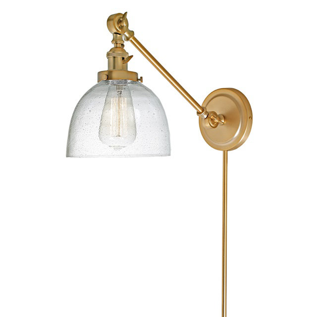Martucci Plug-in Swing Arm Sconce, Rubbed Brass, Seedy Glass