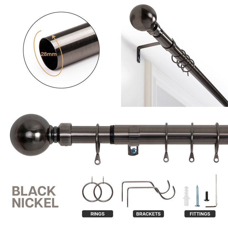 Heavy-Duty Adjustable Curtain Pole with Finials, Black Nickel, 120-210cm