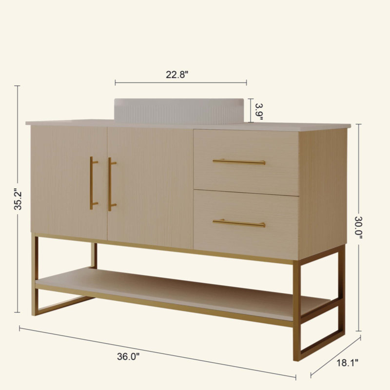 Meuble-lavabo moderne avec lavabo vasque en céramique, armoire autoportante dorée