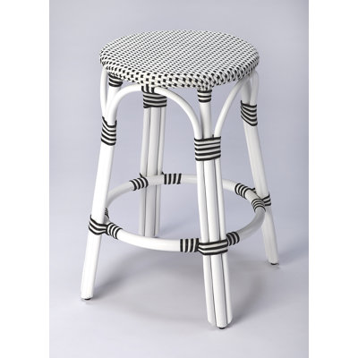 Tabouret de comptoir en rotin 24 po Alastair - blanc / pois noirs / structure en rotin blanc