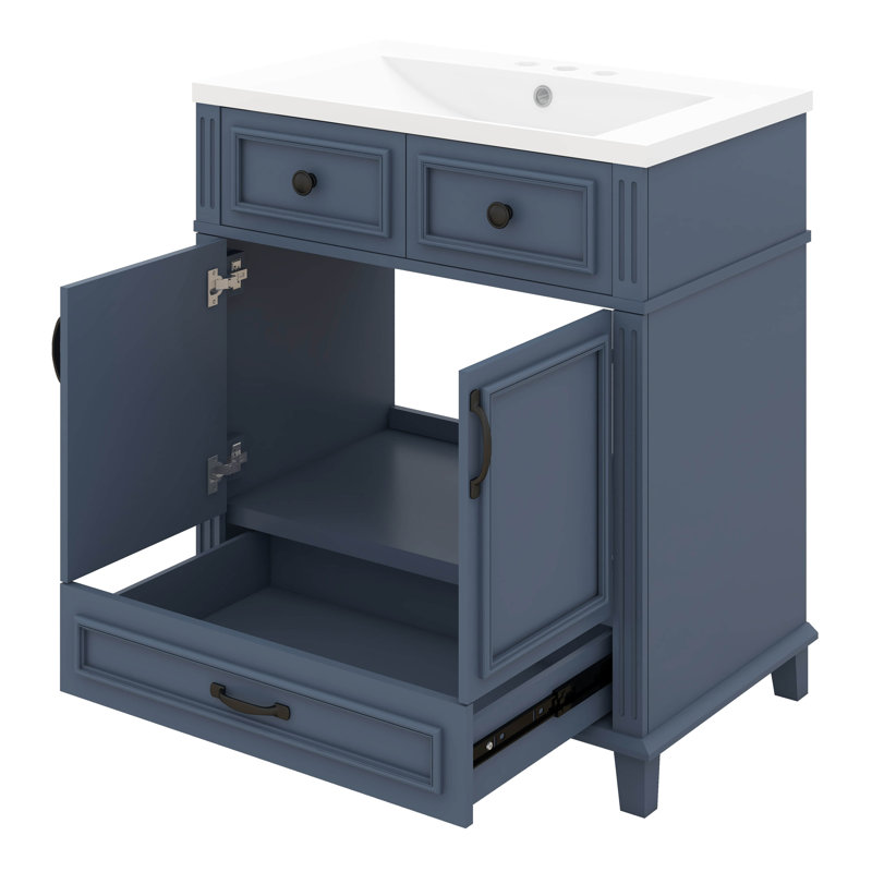 Meuble-lavabo de 30 po avec lavabo en céramique, armoire de rangement en bois massif rétro avec portes à fermeture douce