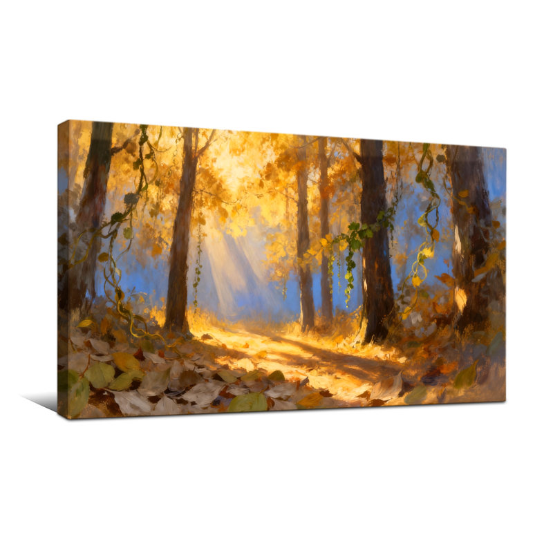 Plantes et fleurs, sentier forestier doré, feuilles d'automne, arbres, soleil, H 16 po x l 32 po