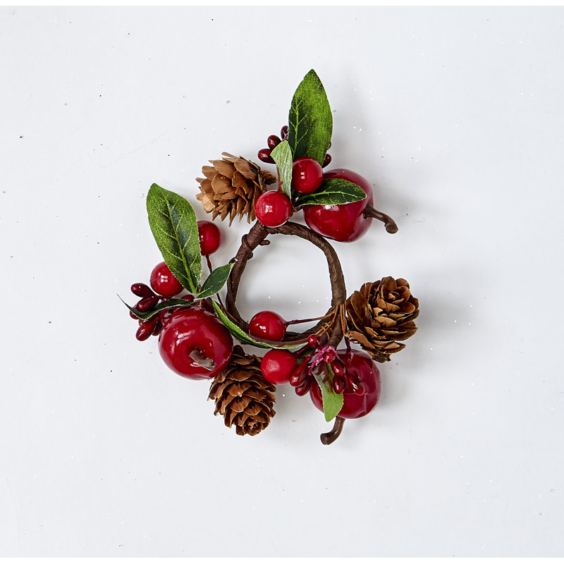 Anneau de bougie de 1,25 po de diamètre intérieur à feuilles artificielles avec pommes, baies et pommes de pin