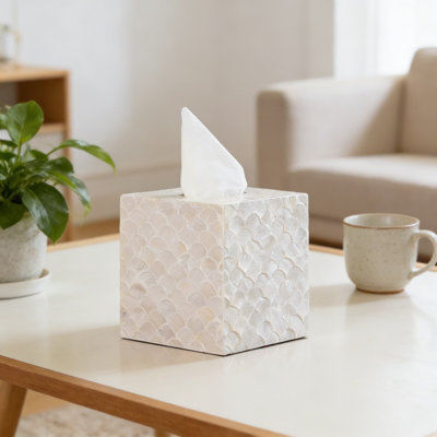 Handmade Capiz Shell Tissue Box Cover With Bottom Slider, Decorative Square Holder For Kleenex, Coastal Boho Bathroom And Home Décor