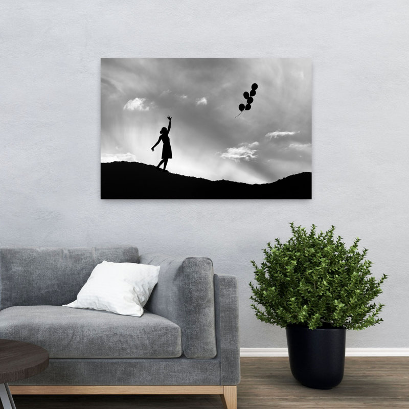 Silhouette et ballons flottants, paysage abstrait dramatique et serein, impression d'art mural sur la nature