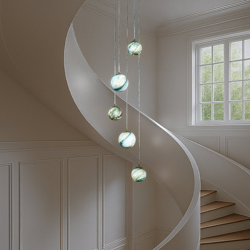 12'' 5-light Modern Glazed Glass Globe Staircase Chandelier Coastal Handcrafted Glass Pendant In Matte Black For Foyer Entryway