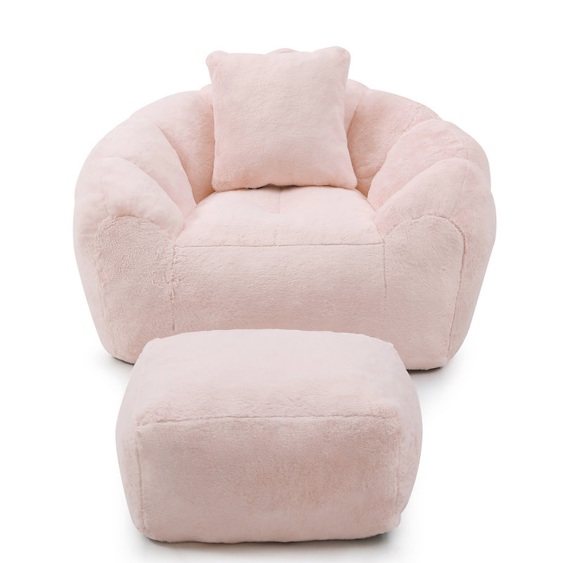 Fauteuil à billes surdimensionné avec repose-pieds, Fausse fourrure rose