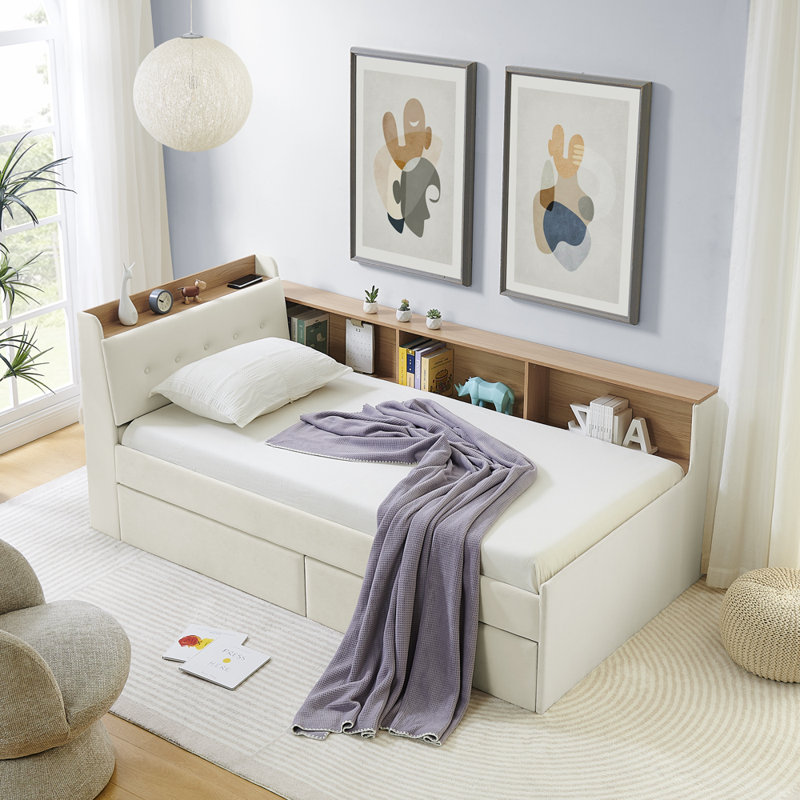 Twin Size Upholstery Velvet Day Bed With Storage Headboard And Wireless Charging, Multi-Functional Daybed With Two Storage Drawers & LED Lights