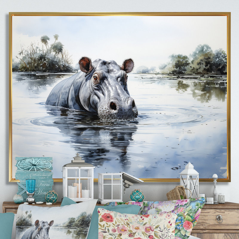 «Afrique Hippos Serenity II», reproduction sur toile, H 30 po x l 40 po x P 1,5 po, Cadre flottant doré