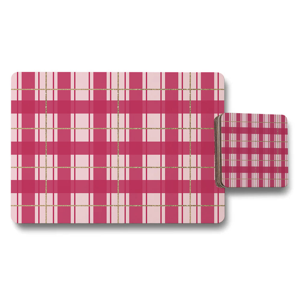 Pink Plaid Placemat And Coaster Set With Gold Accents For Dining Table