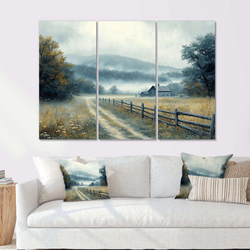 «Blue Green Misty Valley Farmhouse III», ensemble d'art mural de ferme, Métal métal, H 40 po x l 60 po x P 1 po