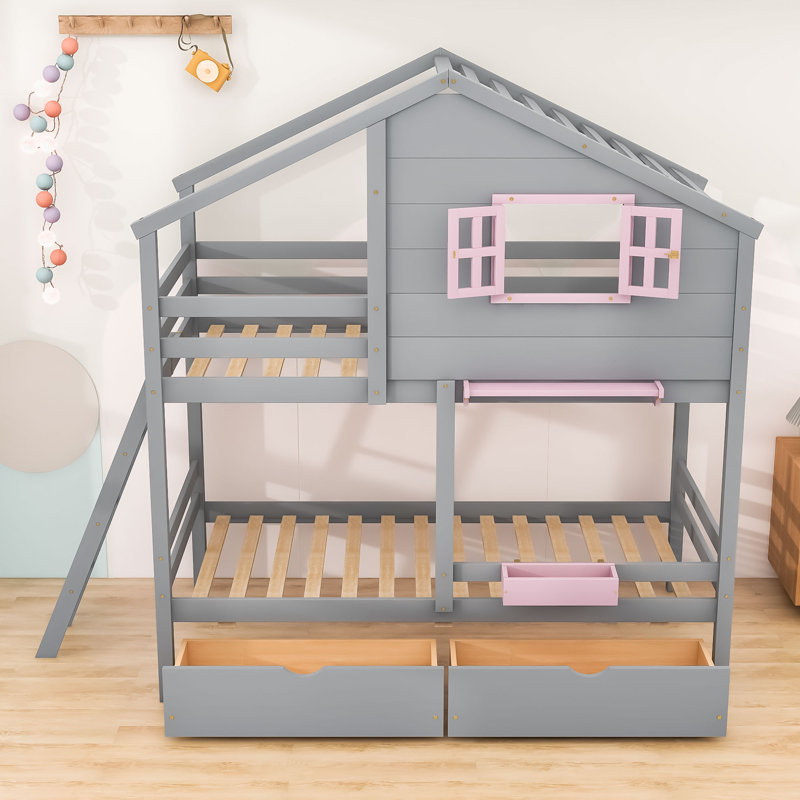Cranmo Kids Twin Over Twin Bunk Bed with Drawers, Gray