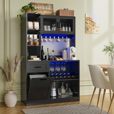 67" Wine Bar Cabinet with Charging Station LED Lights, Kitchen Sideboard Buffet with Hidden Trash Can, Coffee Station Storage with Storage Cabinet & Mug Hooks