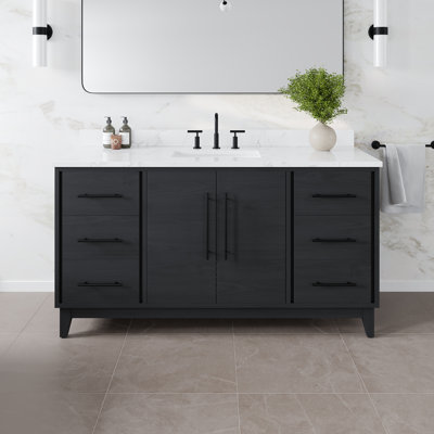 Volk 60 In. Blackwood Single Sink Bath Vanity With Arabescato Engineered Stone Top And Undermount Porcelain Sink