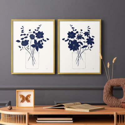 Indigo croquis I - impression encadrée de qualité supérieure - prête à être accrochée - aucun clou requis - aucun clou requis