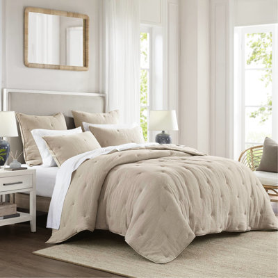 Courtepointe 3 pièces en gaze de coton double / grand, naturel avec texture froissée, toutes saisons, taies décoratives assorties de couleur taupe pour lit double / grand, aspect léger, chaleur