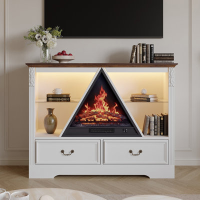 Farmhouse Fireplace TV Stand with LED , 2-Drawer Media Console with Triangle Electric Fireplace , White & Walnut