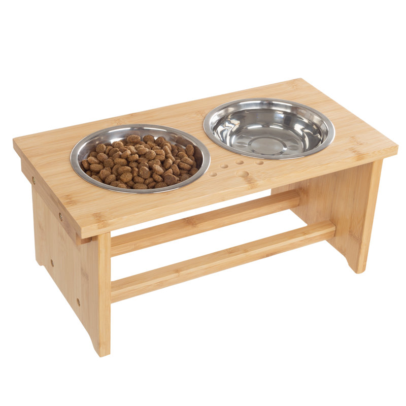 Elevated Bamboo Dog Feeding Station with Stainless Steel Bowls