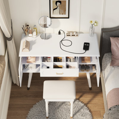 Elegant Vanity With Power Outlets, Ample Storage, And Soft - Closing Hydraulic Hinges Makeup Table Built In Power, Glass, Top
