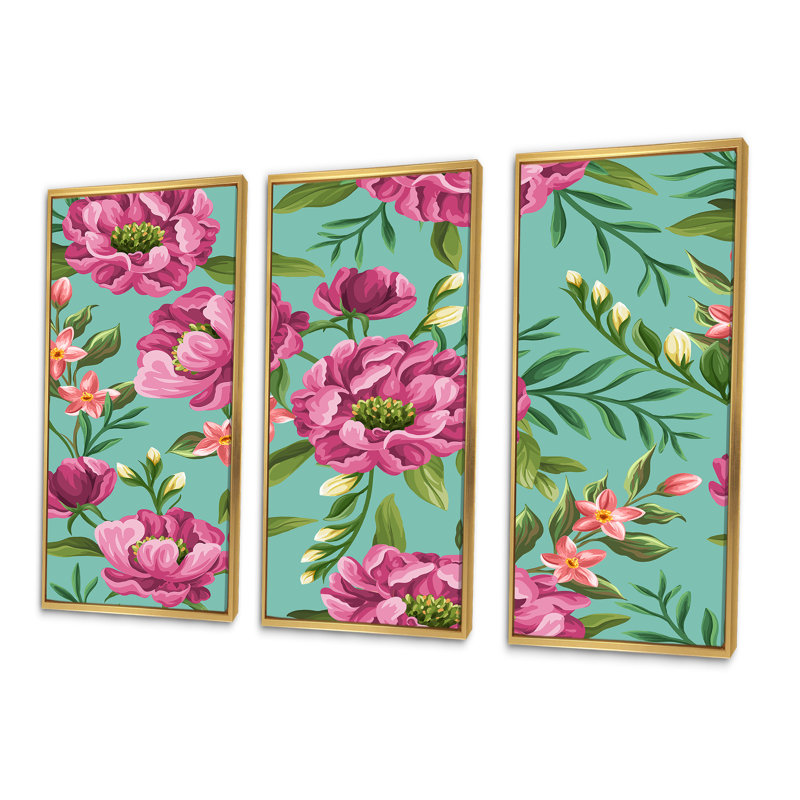 Fuchia fleurs sur fond vert vintage - ensemble d'art mural sur toile traditionnel encadré de 3, H 20 po x l 36 po, Or