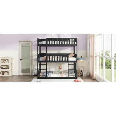 Twin Size Triple Rubber Wood Bunk Bed, With Ladders, Guardrails Detachable Bunk Bed, Twin Over Twin Over Twin,,Black