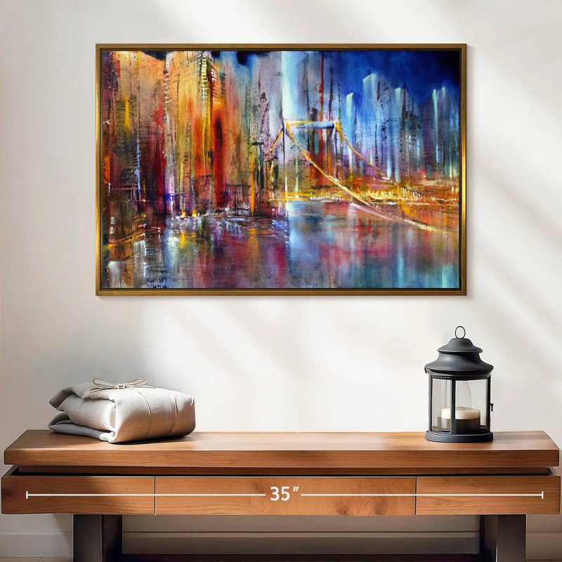 Paysage urbain vibrant, 25 po x 17 po, Cadre flottant doré