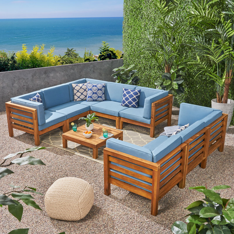 Ajanai Acacia 7 - Person Modular Patio Conversation Set with Cushions, Teak Frame/Blue Cushion