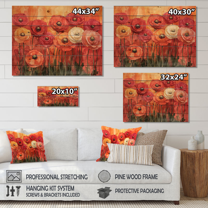 Vivid Sunset Ranunculus Flowers In Autumn II - Ranunculus Wood Wall Decor - On Natural Pine Wood, 10" H x 20" W x 0.78" D