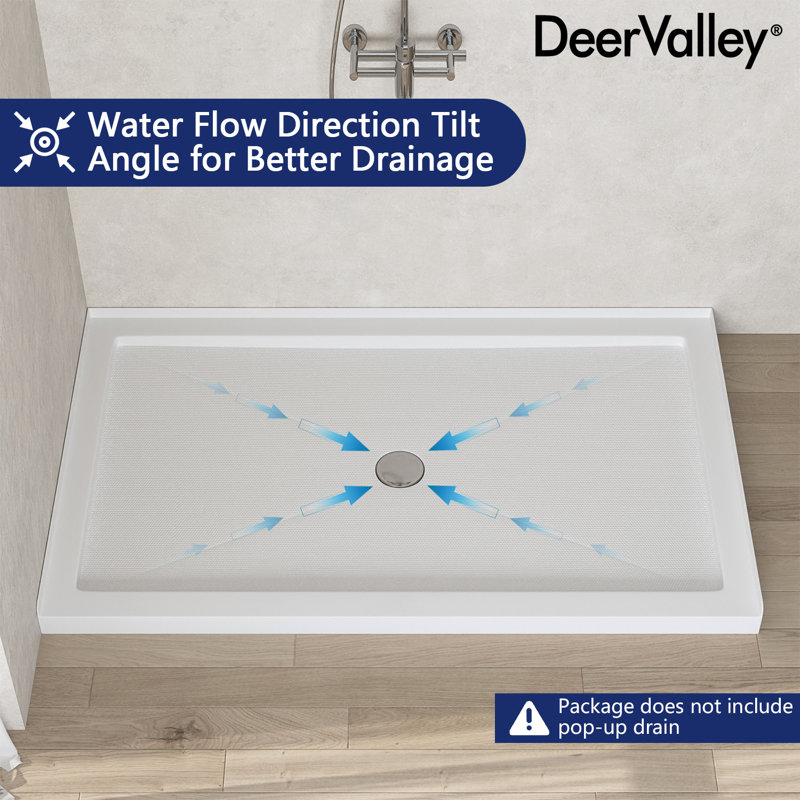 DeerValley 60" Shower Base in White with Single Threshold Shower Pan, Non-slip Design, 3.5" H x 60" W x 36" D