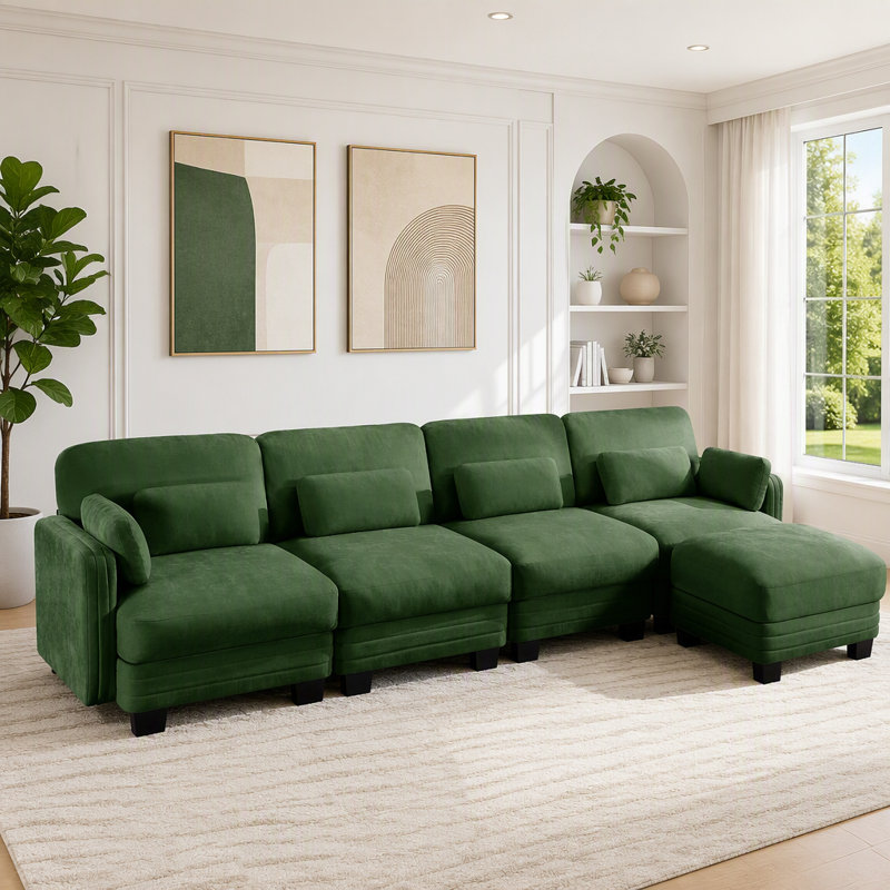 Canapé modulaire modulaire avec capitonnage et repose-pieds mobile, 4 places et 1 repose-pieds, Chenille verte