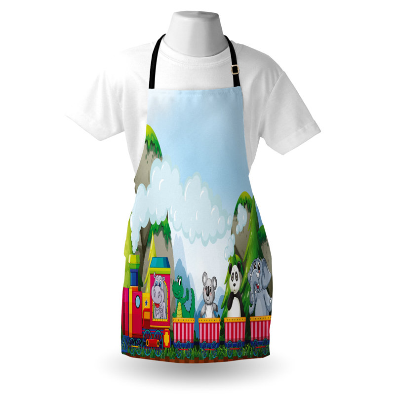 East Urban Home Cartoon Apron Unisex, Animals on Train, Adult Size, Multicolor