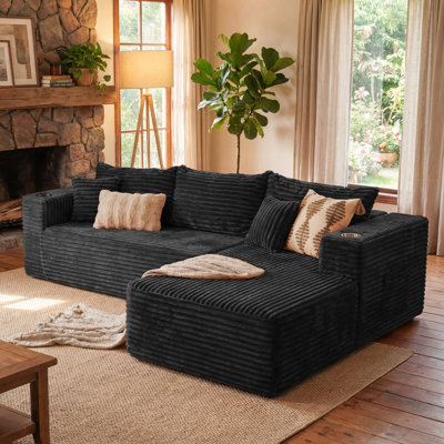 Sectional Upholstered L-Shaped Compression Sofa With Chaise Lounge, Black, Right Hand Facing
