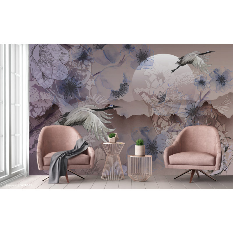 Papier peint Serene Cranes And Blossoms, L 110,04 po x l 163 po, Brun