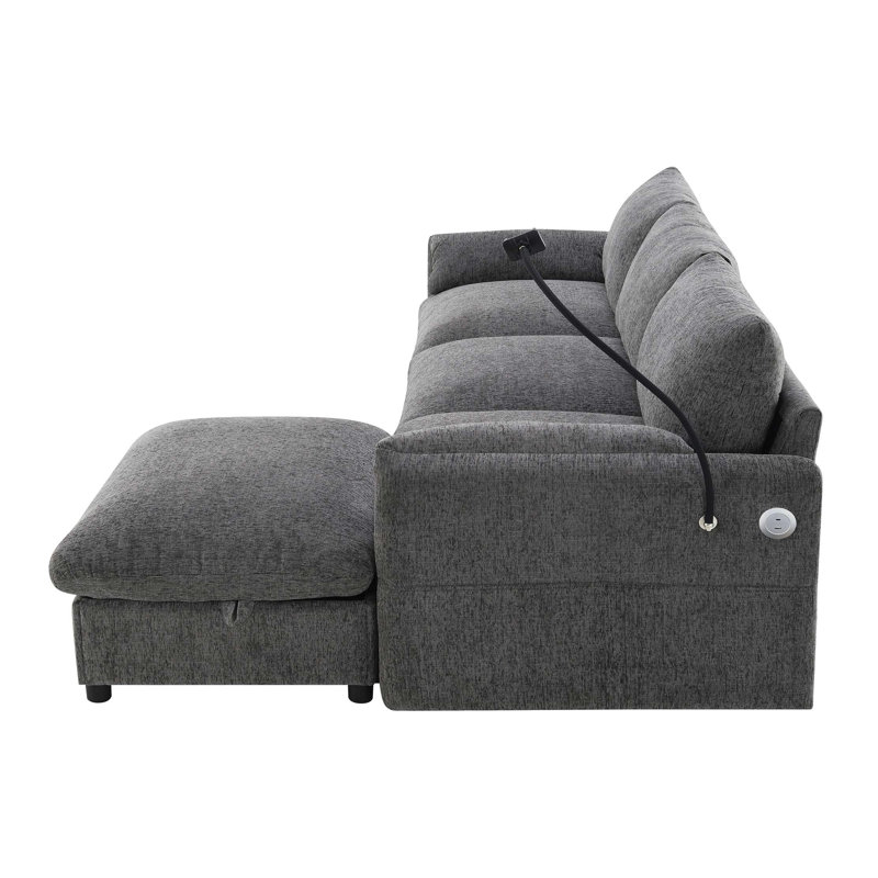 Canapé modulaire en forme de L de 96,5 po avec repose-pieds et poches de rangement, support de téléphone réglable, chargeur USB, accoudoirs éléphants en forme d'oreille, siège confortable pour le salon et appartement, chenille